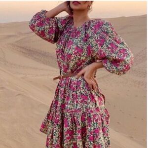 Zara Pink and Green Floral Puff Sleeve Boho Dress Size S Small